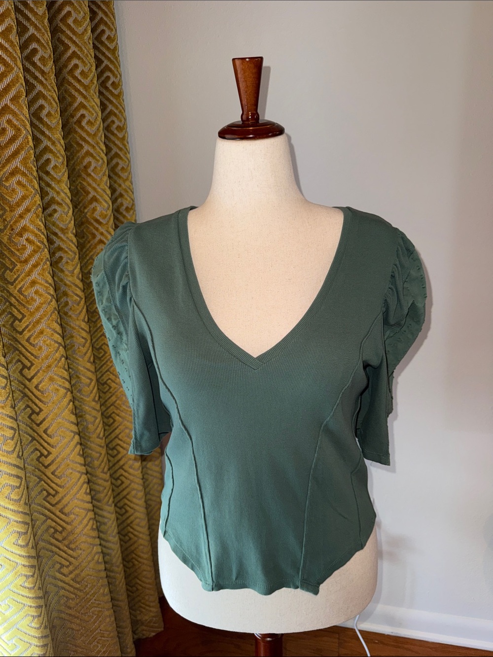 Anthropologie Green V-Neck Puff Sleeve Short Sleeve Top